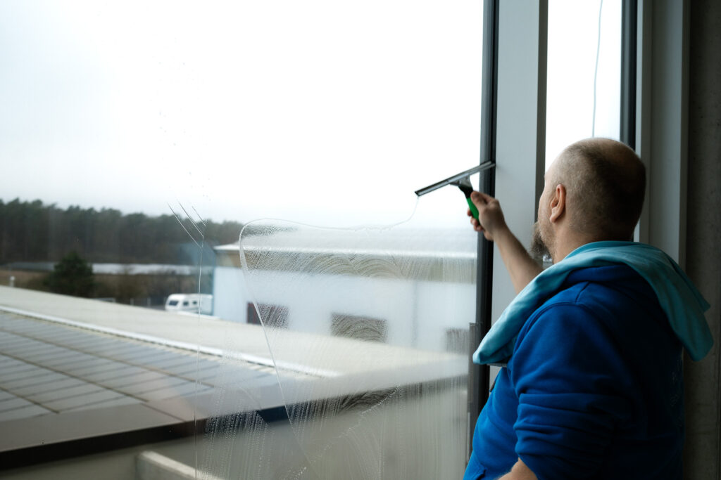 Mann Arbeit Fenster reinigen Abzieher